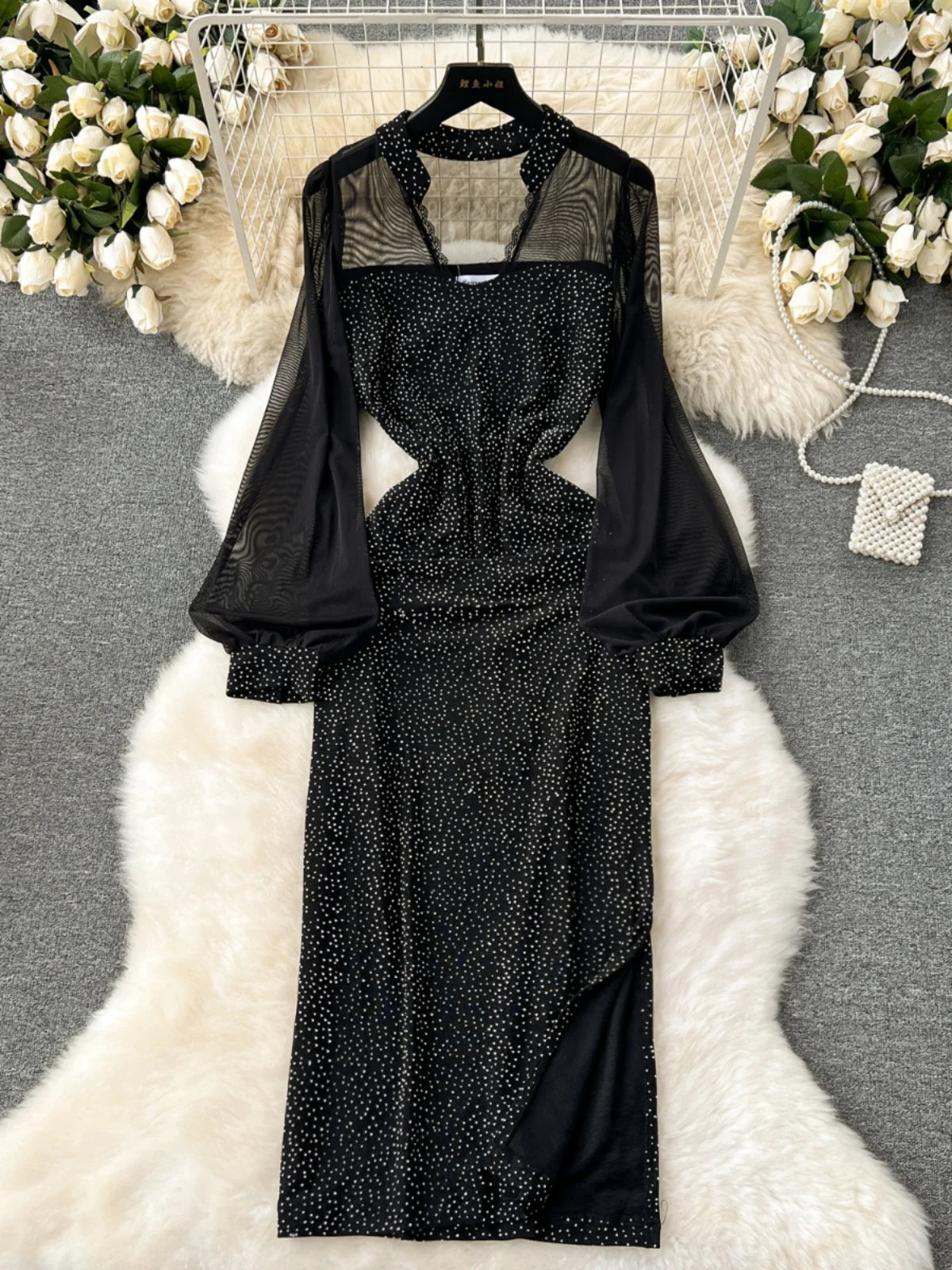 polka dot mesh sleeve dress