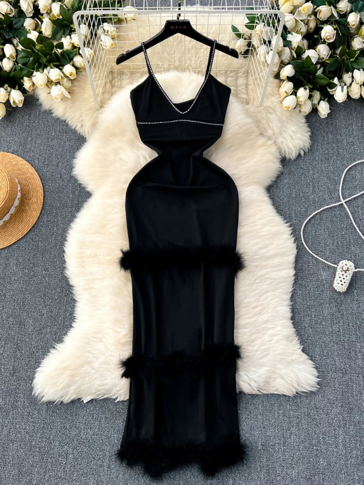 Glamorous Black Velvet Feather-Trim Evening Gown - Maxi Dress main image 1