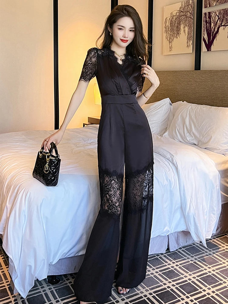Solid Jumpsuit with Embroidered Sheer Black Organza Jacket