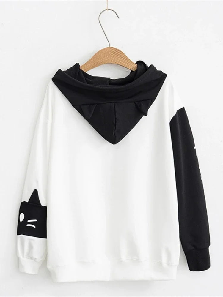 Cozy Black And White Cat Hoodie For Women on Luulla