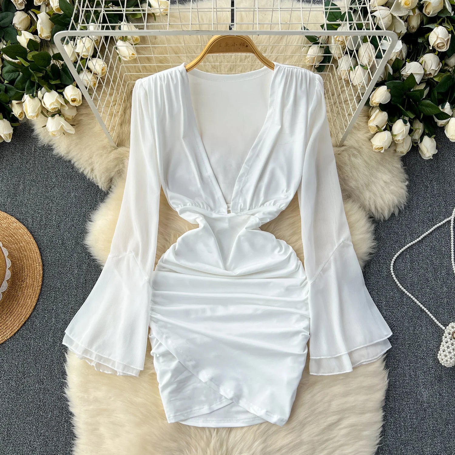 Off Shoulder Flutter Sleeves Satin Dress With Pocket White main image 1