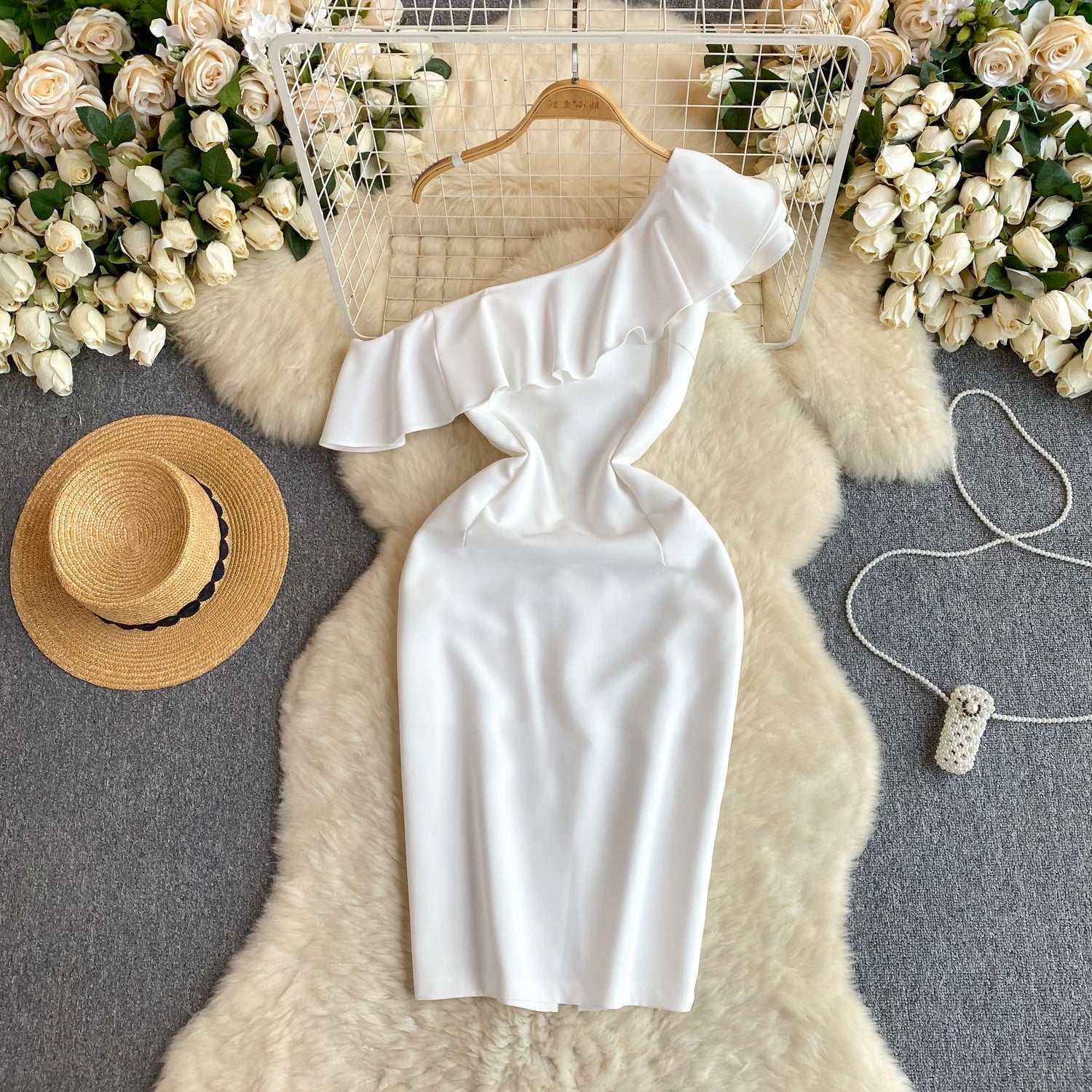 One-shoulder White Dress With Ruffle Detail on Luulla