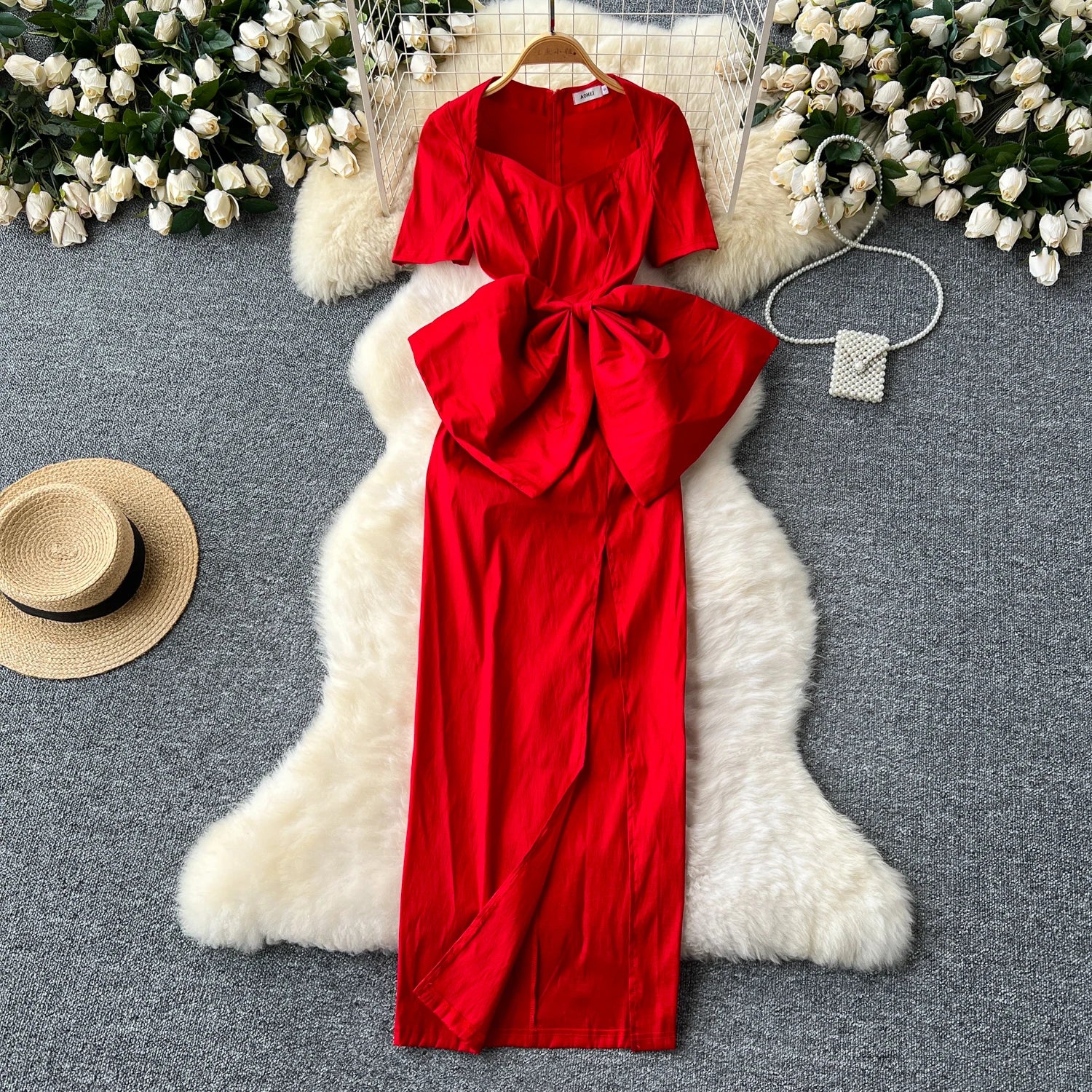 2543 Red Bow Strapless Slit Dress