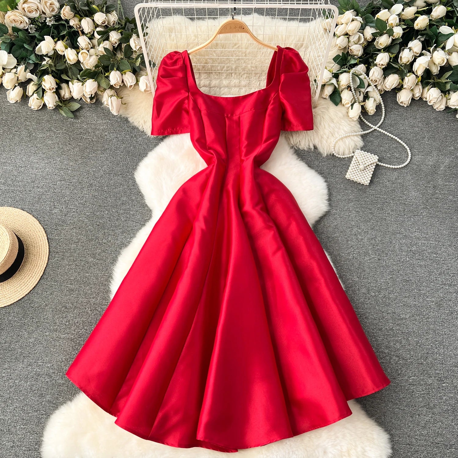 Stunning Red Satin Gown With Puffy Sleeves on Luulla
