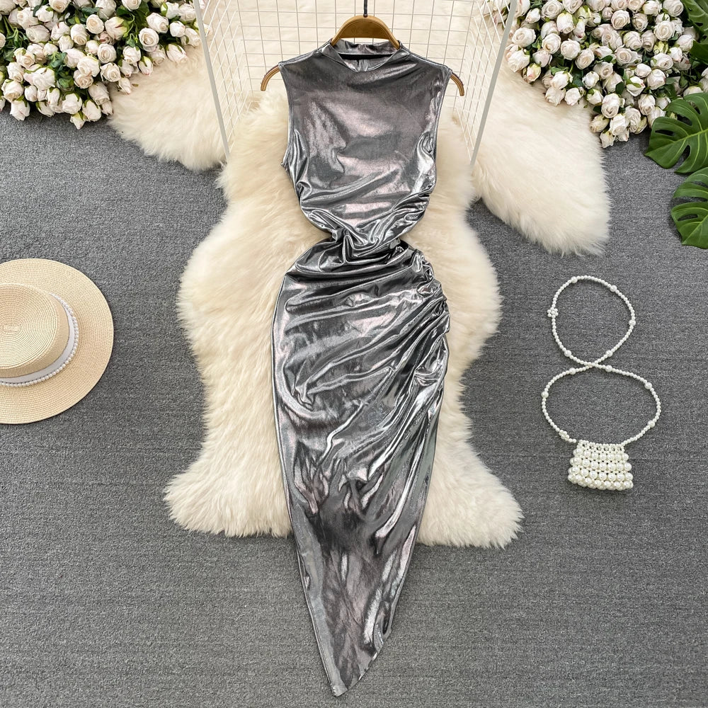 Maroon Satin Silver Patchwork Flared Gala Gown