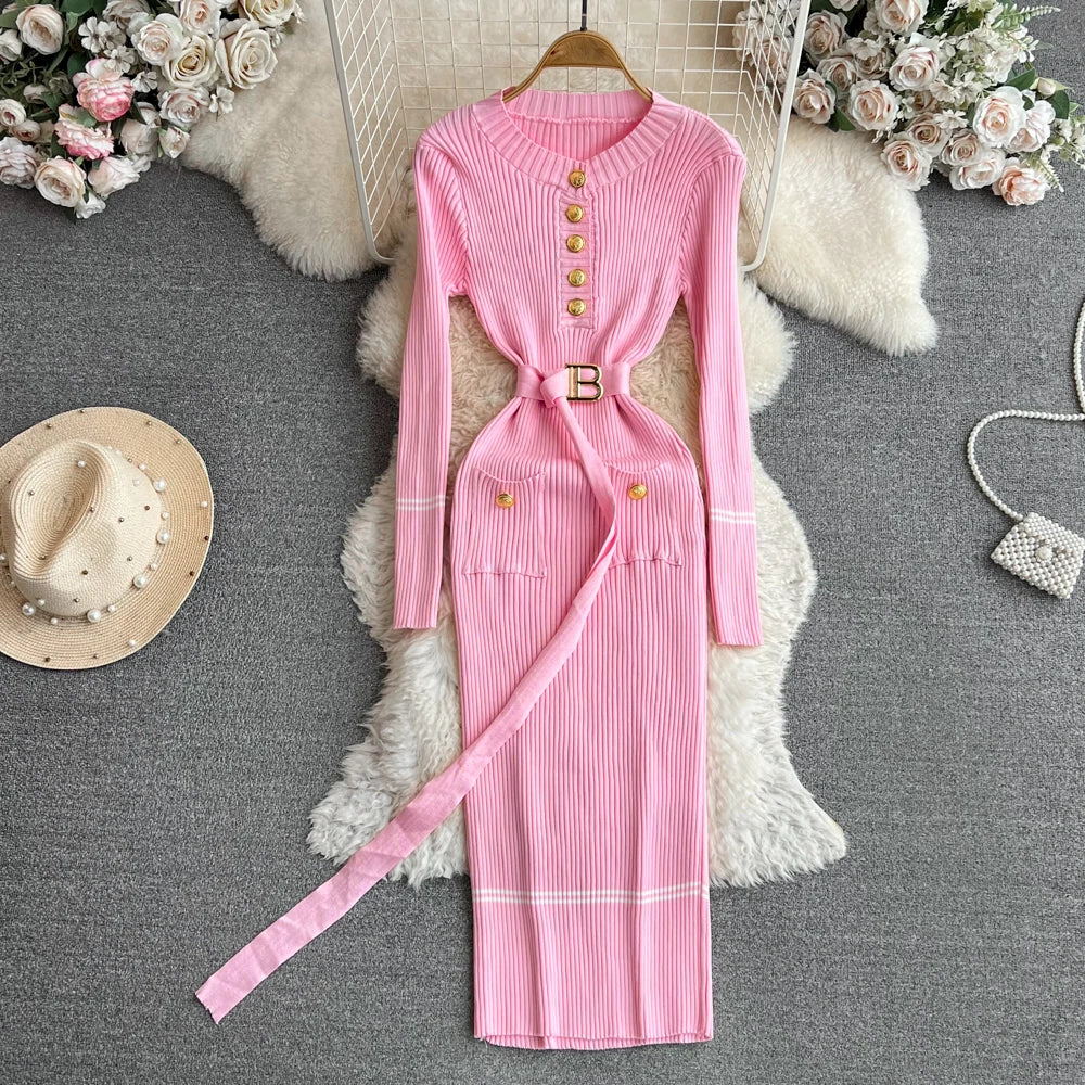 Cayla Button-Up Ribbed Knit Dress Pink